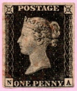 GBR SC #1 U (N,A) 1840 Queen Victoria 4 margins w/red cancel CV $375.00