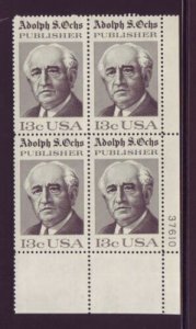 1976 Adolph Ochs Publisher Plate Block Of 4 13c Postage Stamps, Sc#1700, MNH, OG