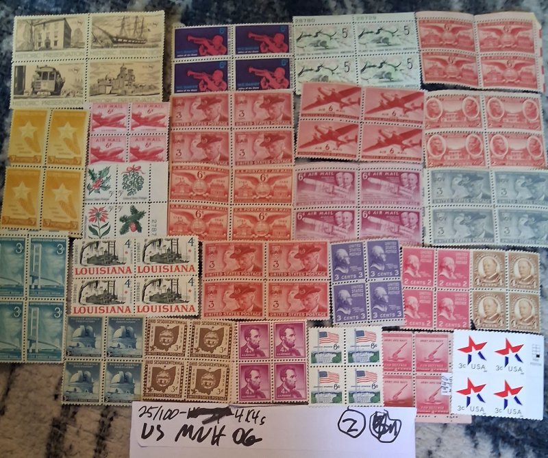 25 Unused USA Mint WW MNH  2x2 Blocks 100 Stamps  NO MMULTIPLES! Vintage Z