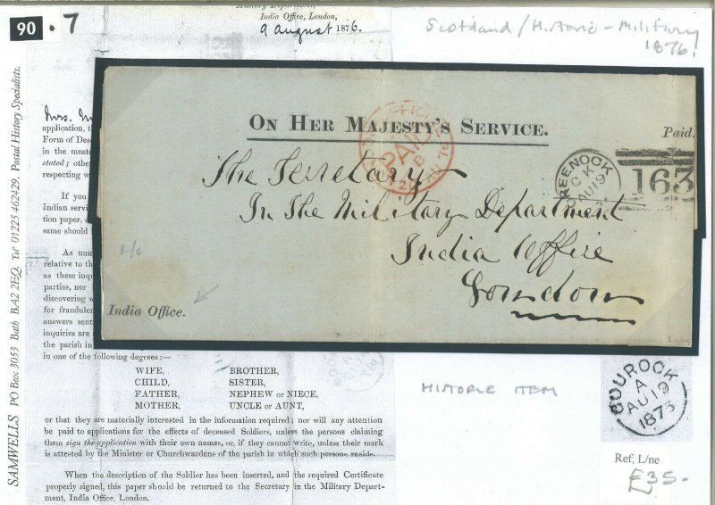 GB SCOTLAND Letter INDIA MUTINY PRIZE CLAIM Historic Military GREENOCK 1876 90.7