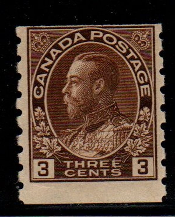 Canada Sc 129 1918 3c brown G V Admiral coil stamp mint NH