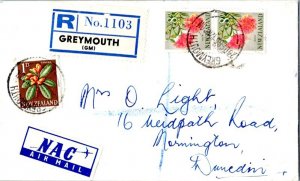 New Zealand 1d Karaka Flower and 8d Rata Flower (2) 1965 Greymouth Airmail Re...