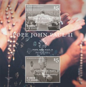 St. Vincent 2015 - Pope John Paul II Sainthood, Rosary - Sheet of 2 Stamps - MNH