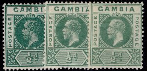 GAMBIA GV SG86 + 86a + 86b, ½d SHADE VARIETIES, M MINT. Cat £13.