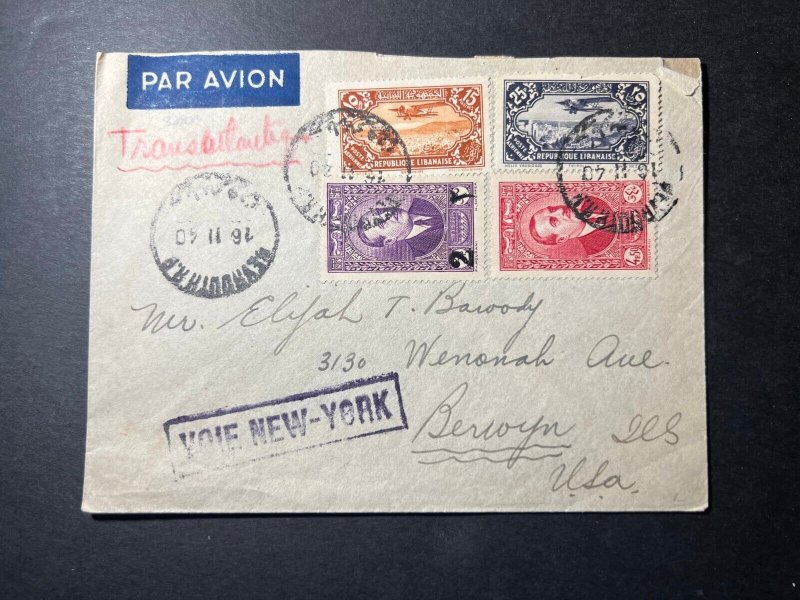 1940 Lebanon Airmail Cover Beirut to Beroyn IL USA