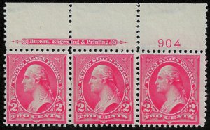 US #279B SCV $85.00 PLATE STRIP OF 3, LARGE TOP, VF mint never hinged, fresh ...