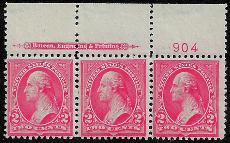 US #279B SCV $85.00 PLATE STRIP OF 3, LARGE TOP, VF mint never hinged, fresh ...