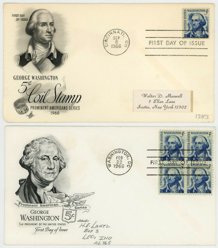  USA #1283 #1304 George Washington 5c Postage FDC First Day Issue Covers 1966 