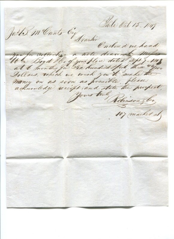 1 Franklin Imperf Used Pair on 1849 Legal Notice Philadelphia to South Carolina