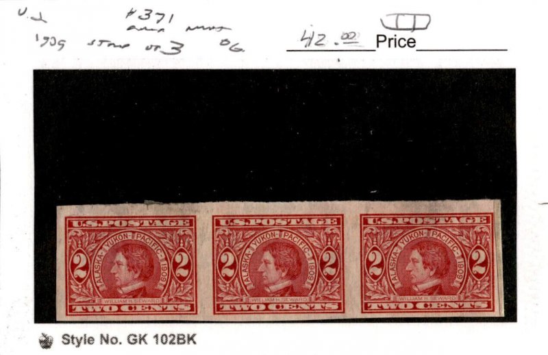 United States Postage Stamp, #371 Mint Hinged Strip, 1909 Alaska, Seward (AF) 