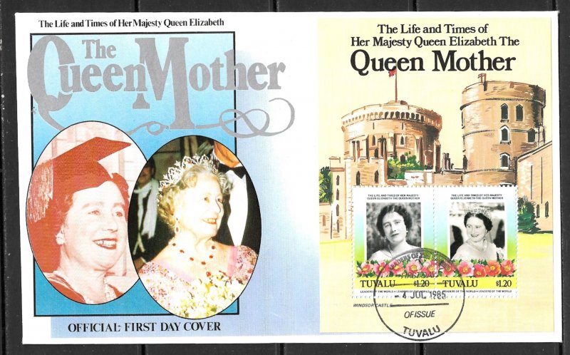 TUVALU 1985 Queen Mother's 85th Birthday Souvenir Sheet Sc 315 Cachet FDC