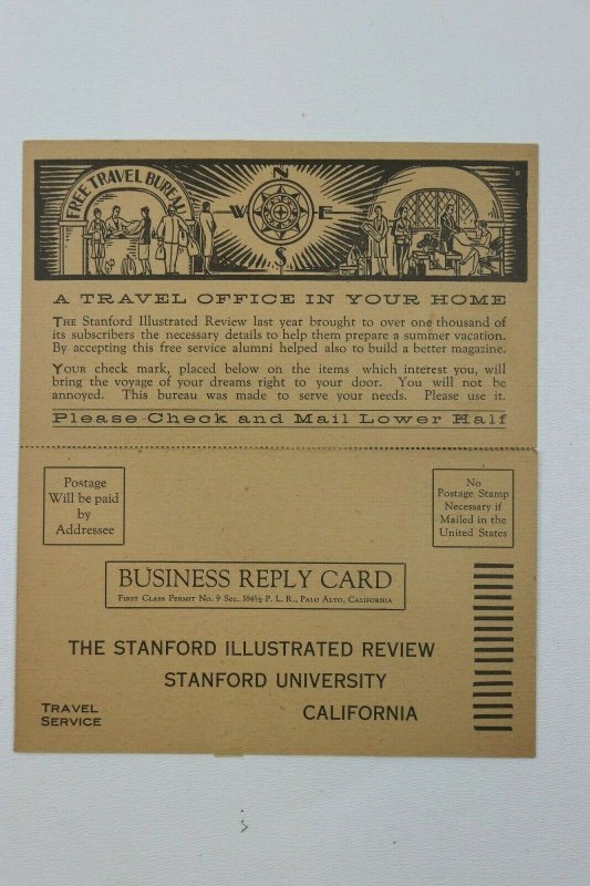 Free Travel Bureau Stanford CA University Business Reply Card 1929