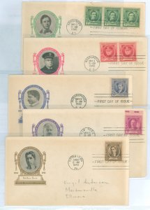 US 879-883 1940 Composers, set of 5, Famous American Series, on 5 addressed FDCs with matching Ioor Cachets, 1c cover has cut