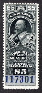 van Dam FWM55a, $5 Black, used, 1906, Canada Weights and Measures Revenue Stamp