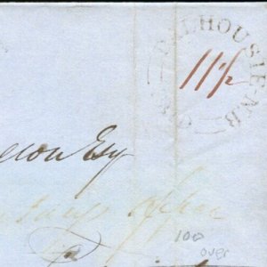 ?DALHOUSIE, PAID, N. B. double split ring 1849 stampless cover Canada