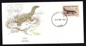 Flora & Fauna of the World #71b-stamp on FDC-Reptiles-Nile Monitor-Togo-single s