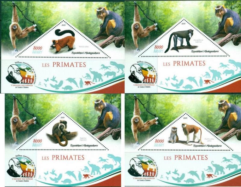 MONKEY APES PRIMATES FAUNA CHARLES DARWIN MADAGASCAR 2019 MNH STAMP SET 4 SHEETS