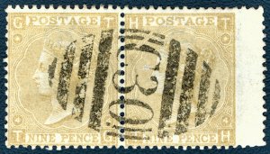 [mag348] GB 1867-70 SG#110 9d straw used (abroad) pair in Valparaiso Chile C30