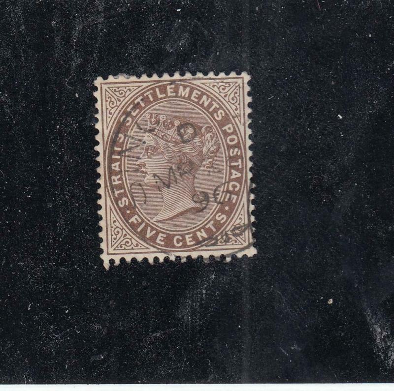 STRAIT SETTLEMENTS # 38  VF-USED 5cts QUEEN VICTORIA / VIOLET BROWN CAT VAL $140