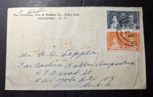 1937 British Straits Settlements Cover Singapore to New York NY USA