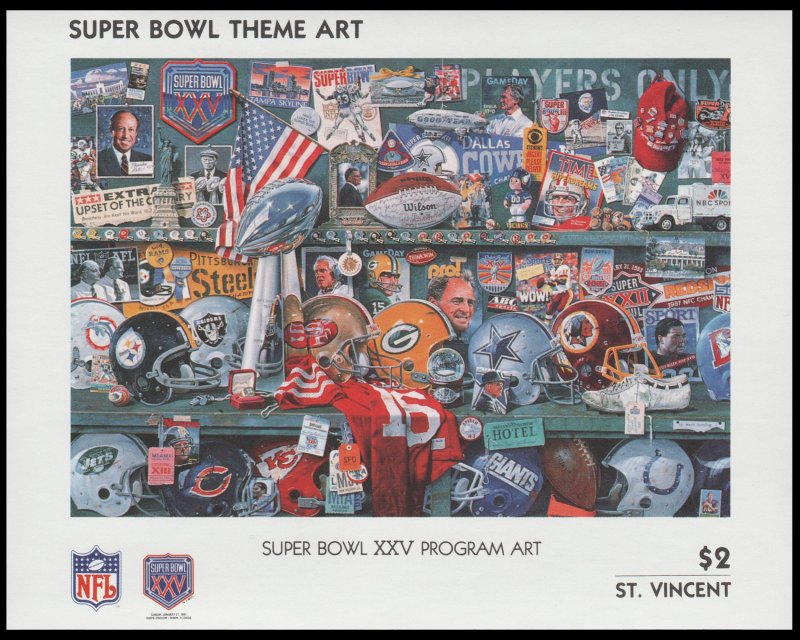 ST. VINCENT 1991. SCOTT # 1449. SOUVENIR SHEET. SUPER BOWL PROGRAM COVER.