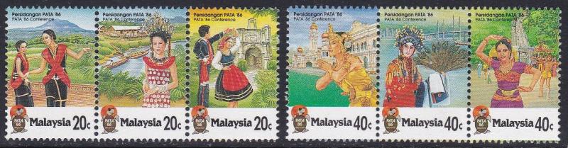 Malaysia #324-25 strips of 3, F-VF Mint NH Travel Conference