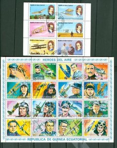 EQUATORIAL GUINEA  AIRPLANES & WAR HEROES FLYERS BLK+ SHEET of 16 CTO'S