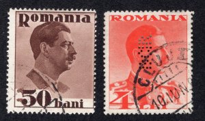 Romania 1934 50b & 4 l Carol II, Scott 436, 438 used, value = 80c