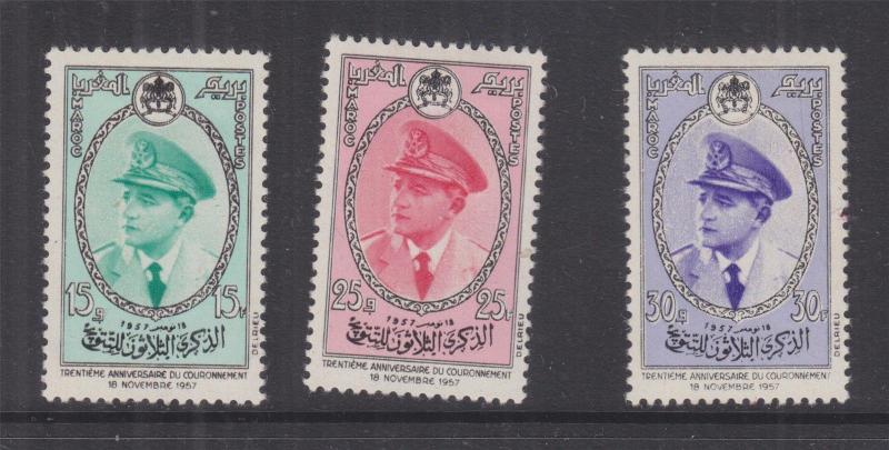 MOROCCO, 1957 30th. Anniversary of Coronation set of 3, lhm.