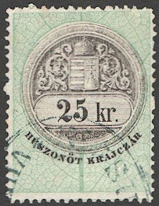 HUNGARY 1868 Barefoot 12, 25kr Used Revenue, Perf 12 VF, handstamp cancel