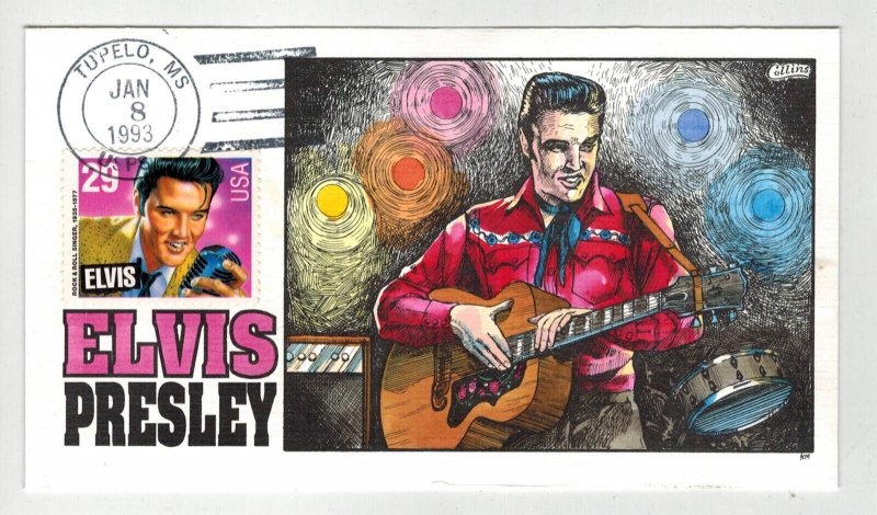 1993 COLLINS HANDPAINTED ELVIS PRESLEY CACHET & TUPELO MISSISSIPPI CANCEL