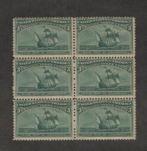 Scott 232 - Columbian 3 Cent. Block Of 6. MNH.OG. Minor Faults.     #02 232B6