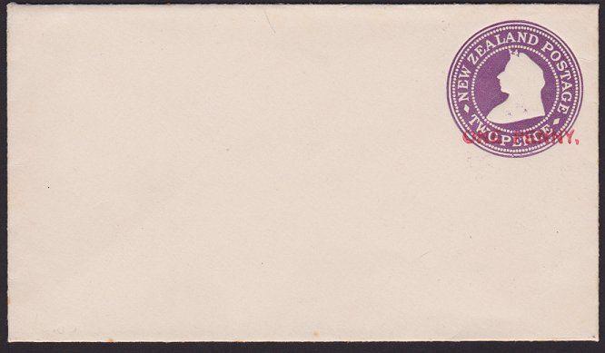 NEW ZEALAND QV 2d envelope overprinted ONE PENNY in red - very scarce.......5250