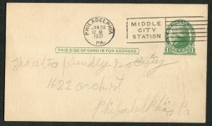 1921 Philadelphia PA Postal Card Middle City Station Alta Friendly Society 1c