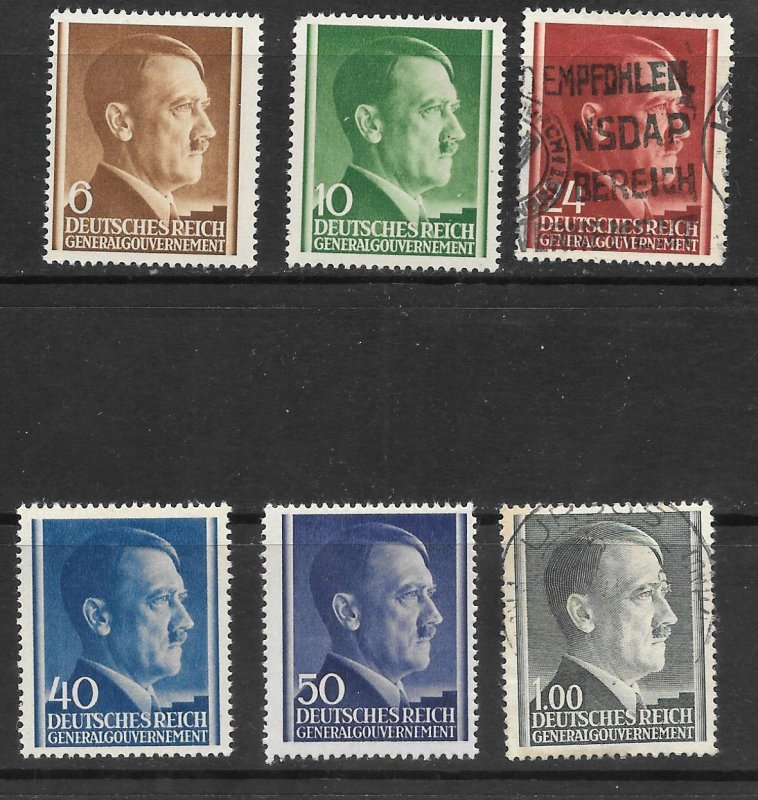 POLAND Lot of 6 different German Occupation Hitler stamps / HipStamp