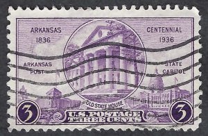 United States #782 3¢ Arkansas Centennial (1936).  Very fine centering. Used.