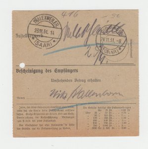 SAAR 1931, RECEIPT CARD, LEBACH CDS, 1Fr RATED (SEE BELOW) 