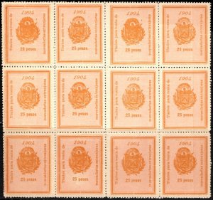 1904 El Salvador Revenue 25 Pesos Entry of Foreign Goods Import Tax Block/12 MNH