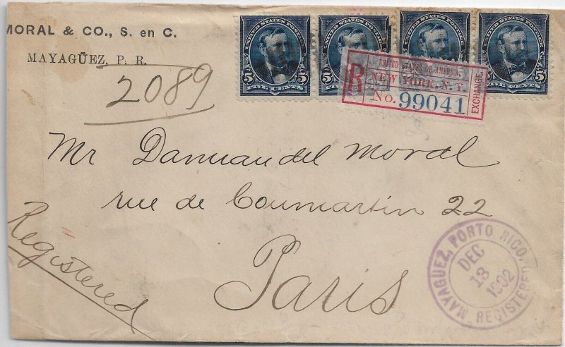 Mayaguex, Puerto Rico to Paris, France 1902 Registered. NY Etiquette (49347)