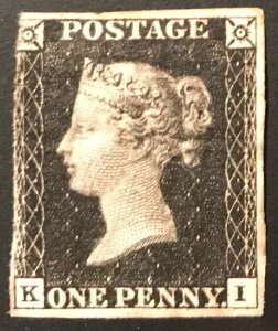 Great Britain #1 Penny Black with three solid margins