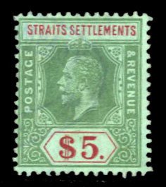 Straits Settlements #167 Cat$120, 1912 $5 green and red, hinged