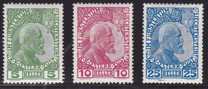 Liechtenstein 1912  Scott 1-3 Under Austrian Admin. Prince Johan II VF/Mint/(*)