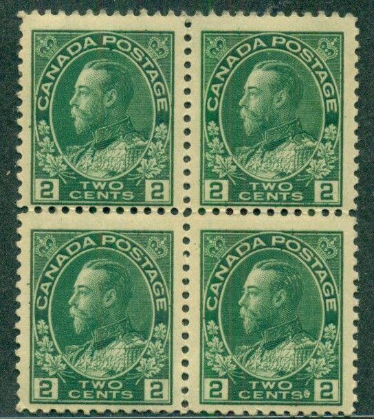 CANADA 107, 2¢ GREEN BLOCK OF 4, OG, 2 NH/2 LH VF SCOTT $185.00