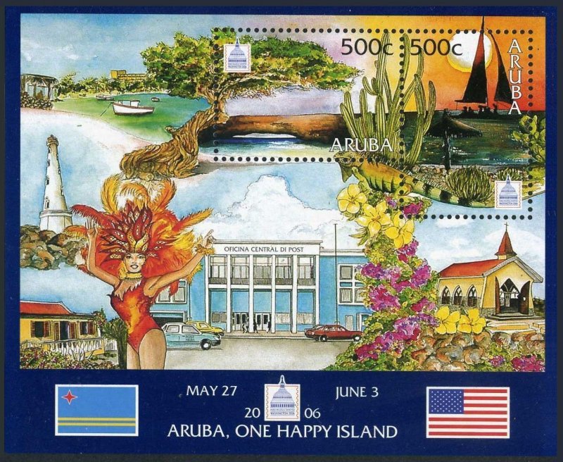 Aruba 284 ab sheet,MNH. WASHINGTON-2006.Iguana,Tree,Cactus,Sailboat,Flowers.
