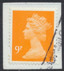 GB Machin 9p SG Y1675  2 Phosphor bands  SC# MH346 Used  on piece see scan / ...