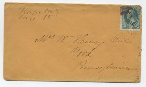 1870s Hope IN 3cdt banknote cover manuscript postmark to York PA [h.4475]