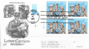 1989 FDC, #2420, 25c Letter Carriers, Art Craft, plate block of 4