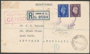 GB TO AUSTRALIA 1941 Registered cover RELEASED BY CENSOR....................N593
