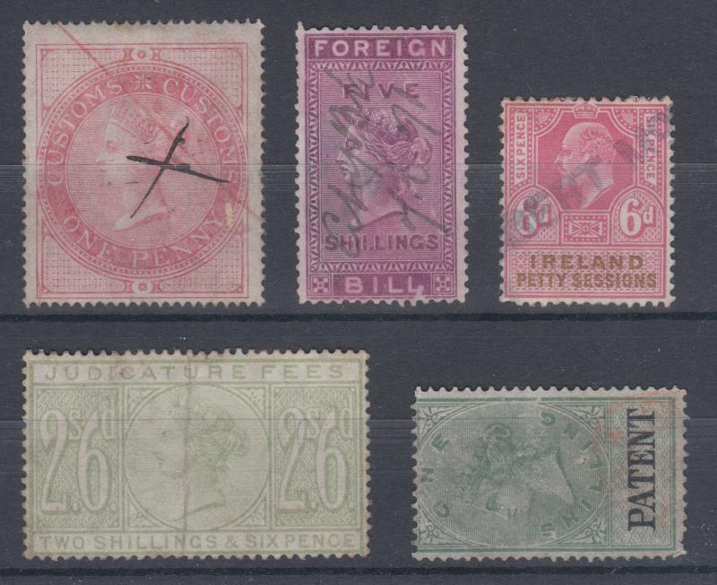 Great Britain, J. Barefoot listed Fiscals, 5 different Revenues, nice group