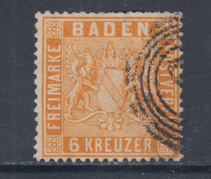 Baden Sc 13a used 1862 6kr yellow orange Coat of Arms, fresh & F-VF